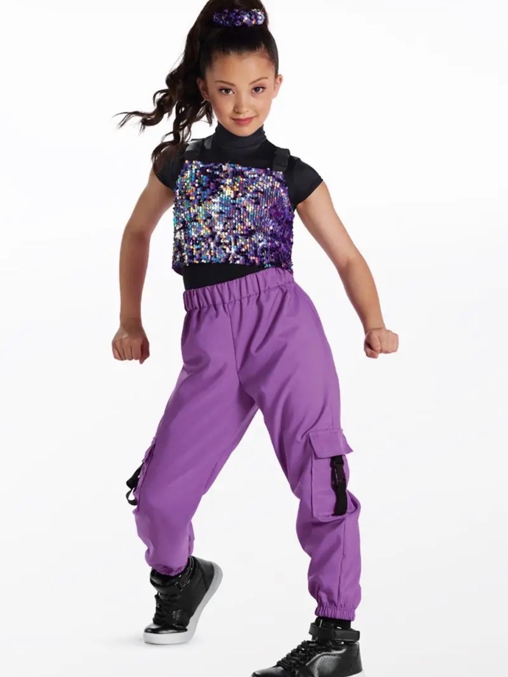 Weissman Purple Sequin Crop Top with Purple Cargo Pants